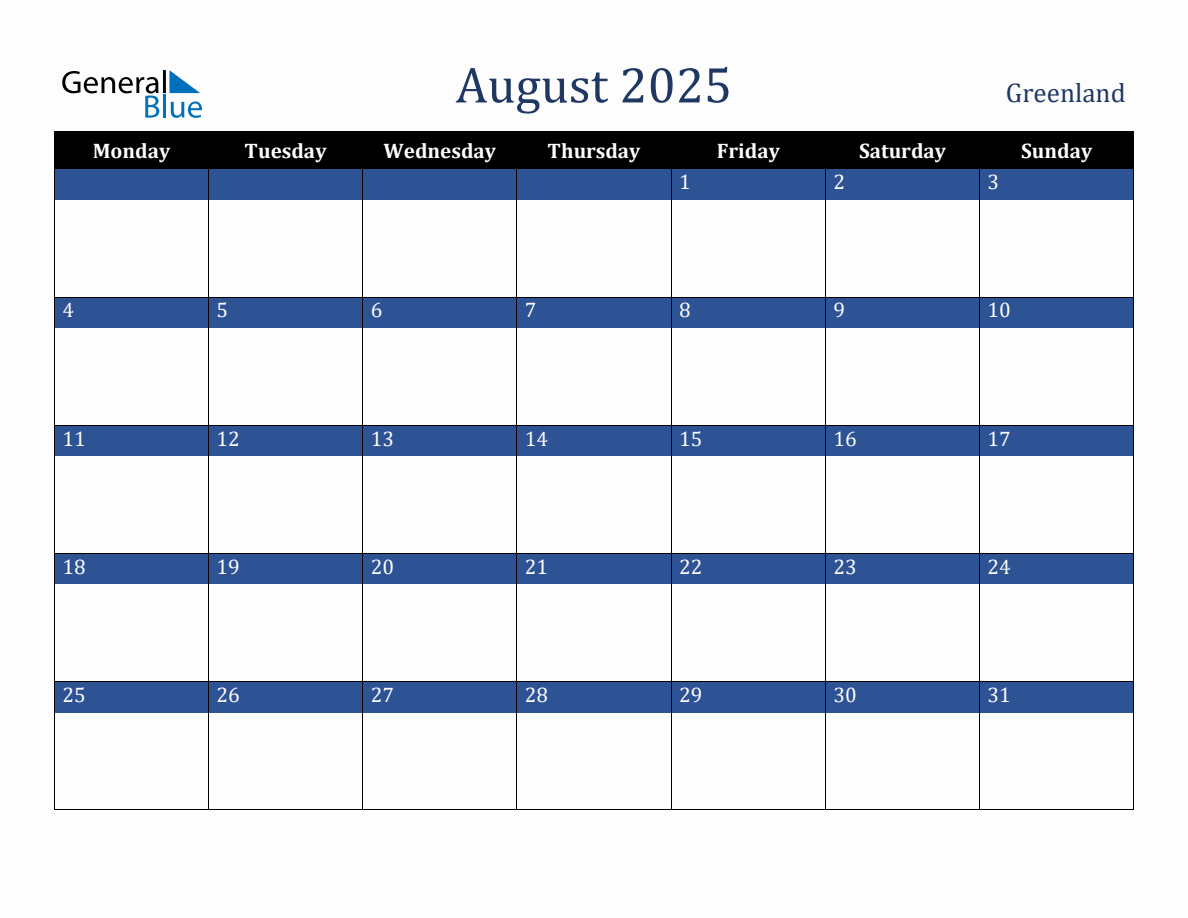 August 2025 Greenland Holiday Calendar