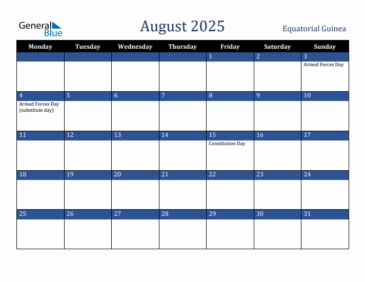 August 2025 Equatorial Guinea Calendar (Monday Start)
