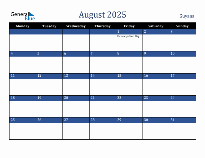 August 2025 Guyana Calendar (Monday Start)