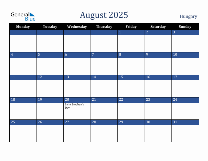 August 2025 Hungary Calendar (Monday Start)