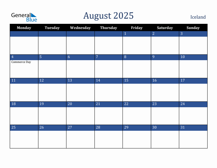 August 2025 Iceland Calendar (Monday Start)