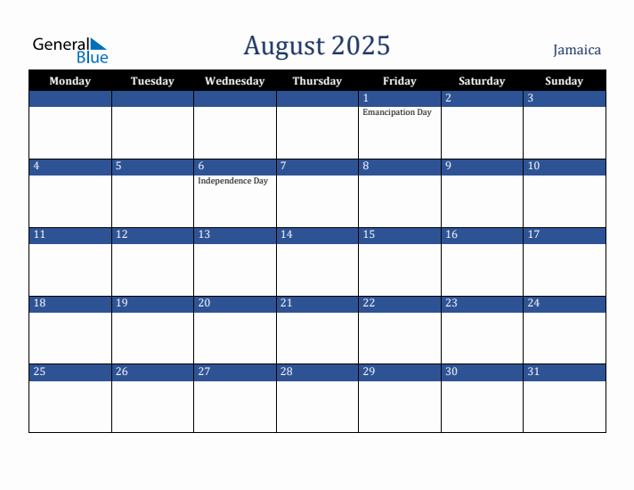 August 2025 Jamaica Calendar (Monday Start)
