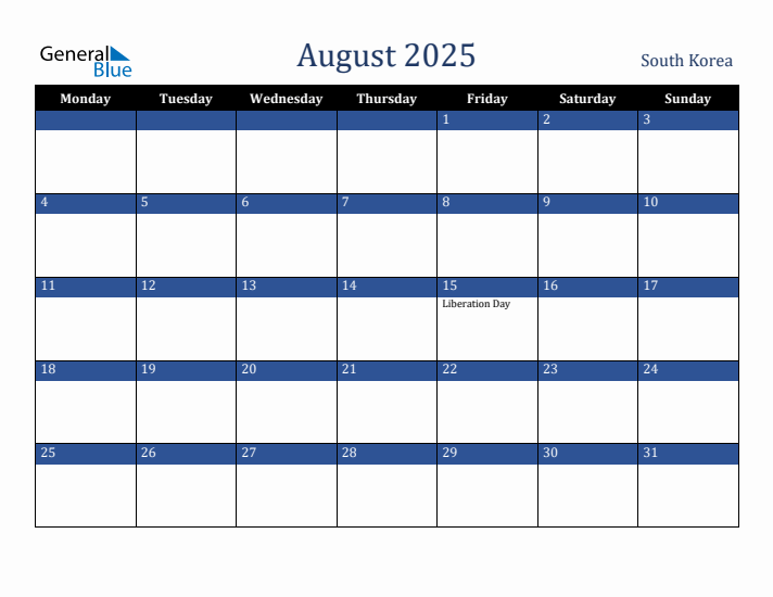 August 2025 South Korea Calendar (Monday Start)