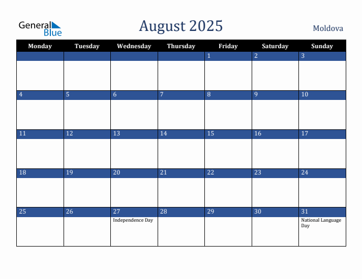 August 2025 Moldova Calendar (Monday Start)