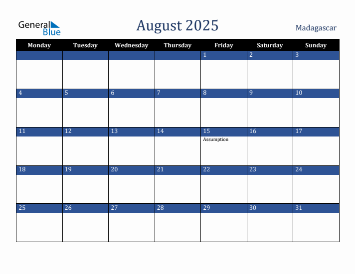 August 2025 Madagascar Calendar (Monday Start)