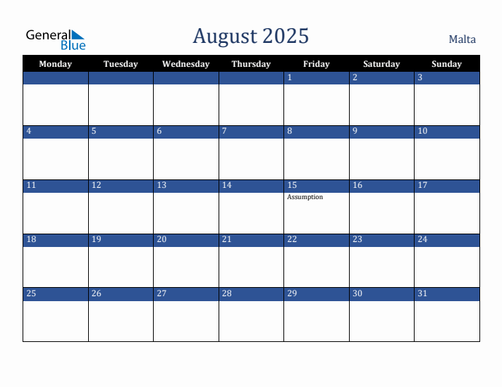 August 2025 Malta Calendar (Monday Start)