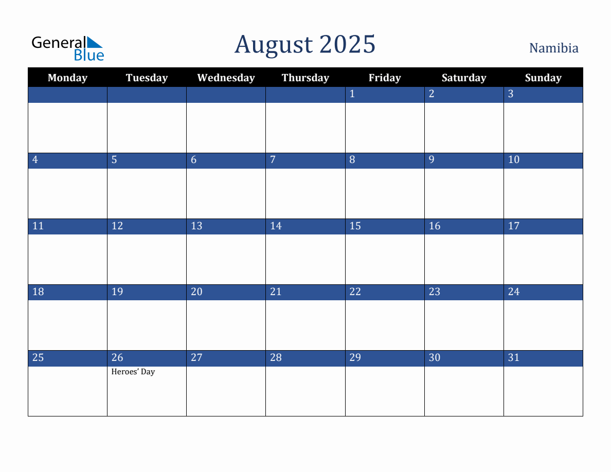 August 2025 Namibia Holiday Calendar