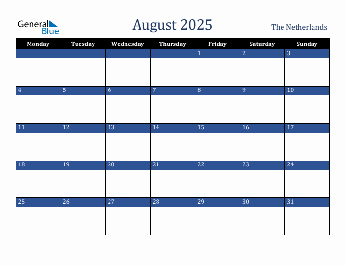 August 2025 The Netherlands Calendar (Monday Start)