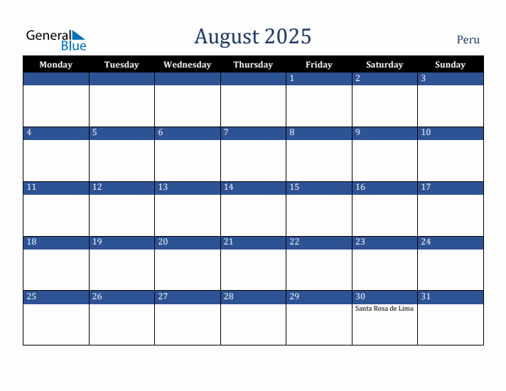 August 2025 Peru Calendar (Monday Start)