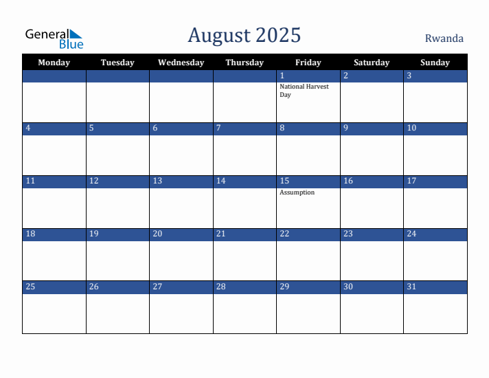 August 2025 Rwanda Calendar (Monday Start)