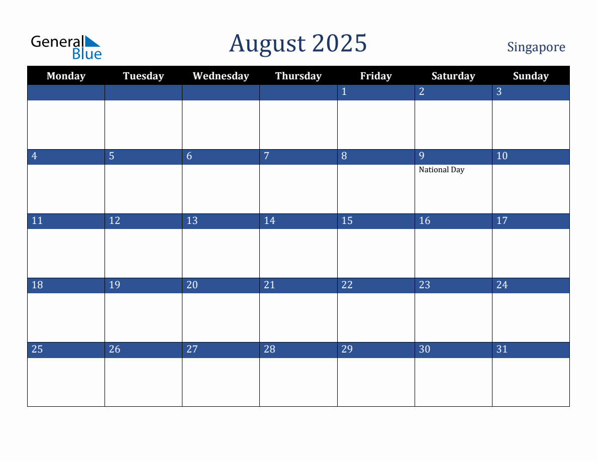 August 2025 Singapore Holiday Calendar