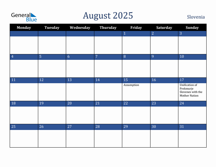 August 2025 Slovenia Calendar (Monday Start)