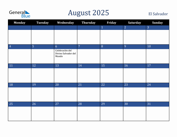 August 2025 El Salvador Calendar (Monday Start)
