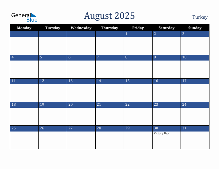 August 2025 Turkey Calendar (Monday Start)
