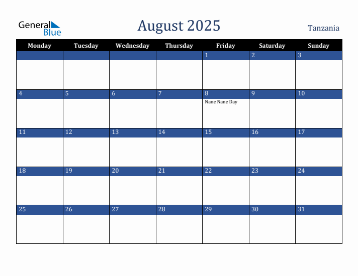 August 2025 Tanzania Calendar (Monday Start)