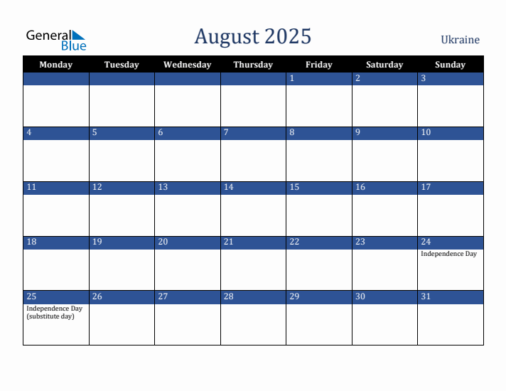 August 2025 Ukraine Calendar (Monday Start)