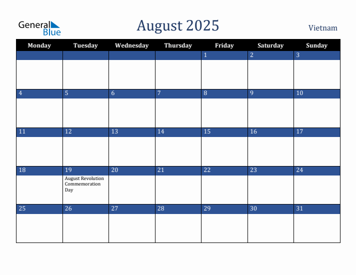 August 2025 Vietnam Calendar (Monday Start)