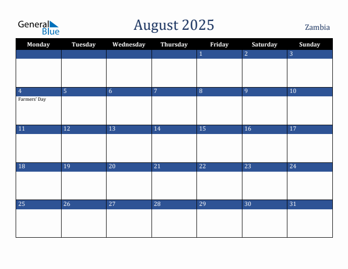 August 2025 Zambia Calendar (Monday Start)