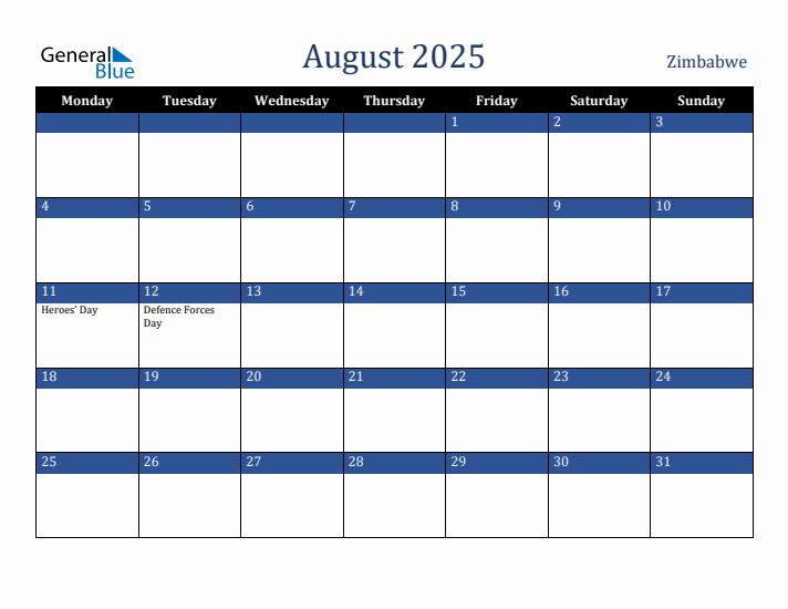 August 2025 Zimbabwe Calendar (Monday Start)