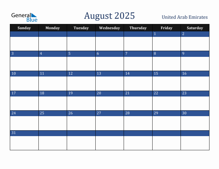 August 2025 United Arab Emirates Calendar (Sunday Start)