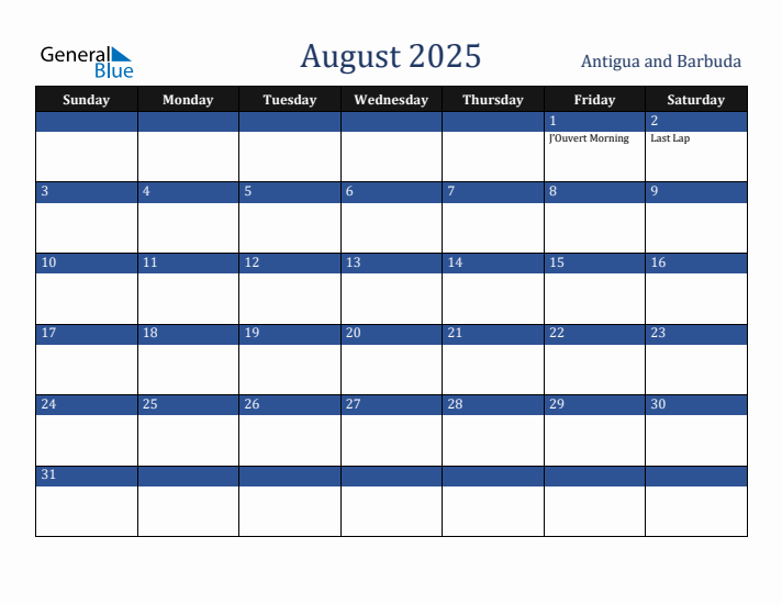 August 2025 Antigua and Barbuda Calendar (Sunday Start)