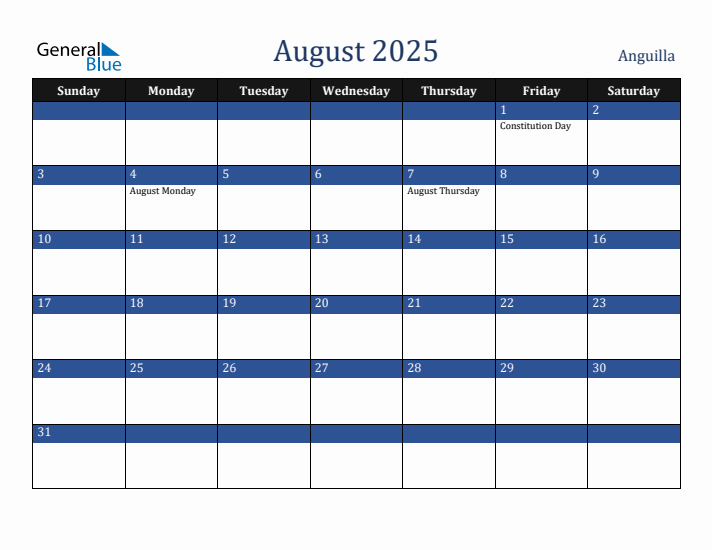 August 2025 Anguilla Calendar (Sunday Start)