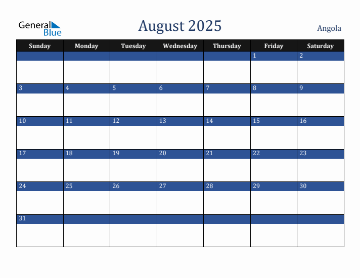 August 2025 Angola Calendar (Sunday Start)