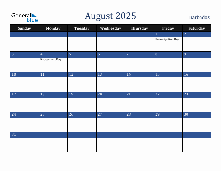 August 2025 Barbados Calendar (Sunday Start)