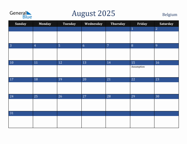 August 2025 Belgium Calendar (Sunday Start)