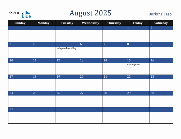 August 2025 Burkina Faso Calendar (Sunday Start)