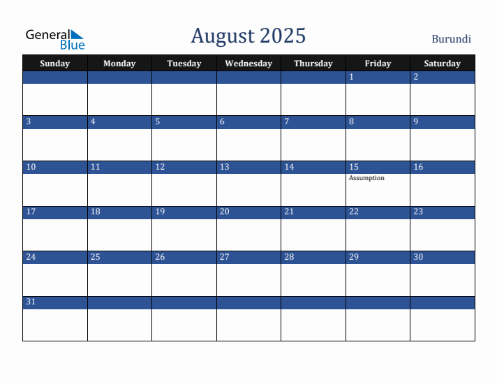 August 2025 Burundi Calendar (Sunday Start)