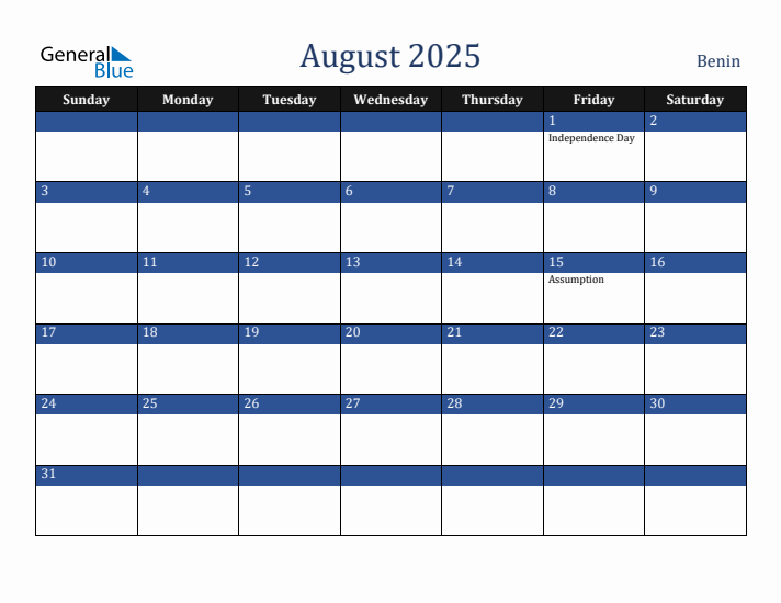 August 2025 Benin Calendar (Sunday Start)
