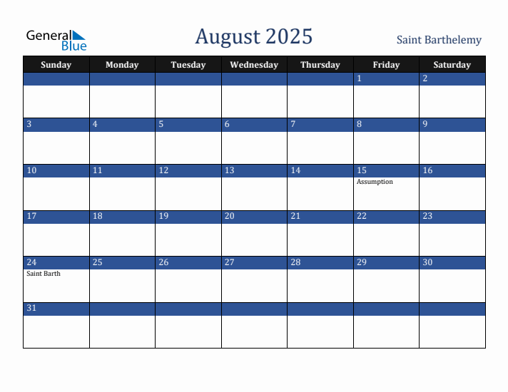August 2025 Saint Barthelemy Calendar (Sunday Start)