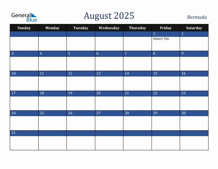 August 2025 Bermuda Calendar (Sunday Start)