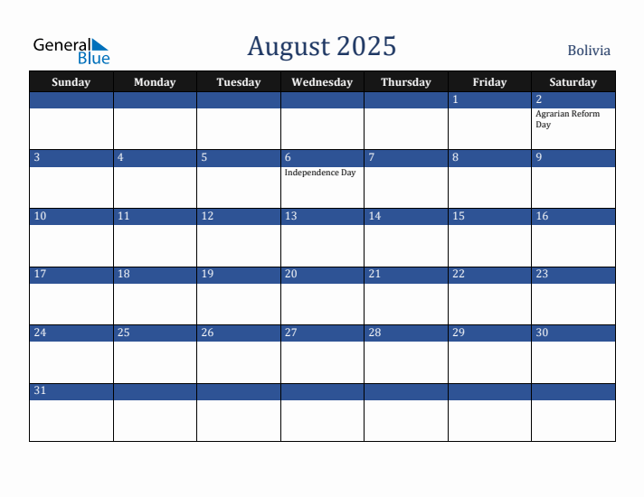August 2025 Bolivia Calendar (Sunday Start)