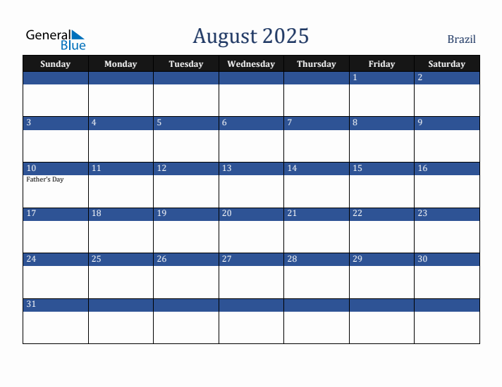August 2025 Brazil Calendar (Sunday Start)
