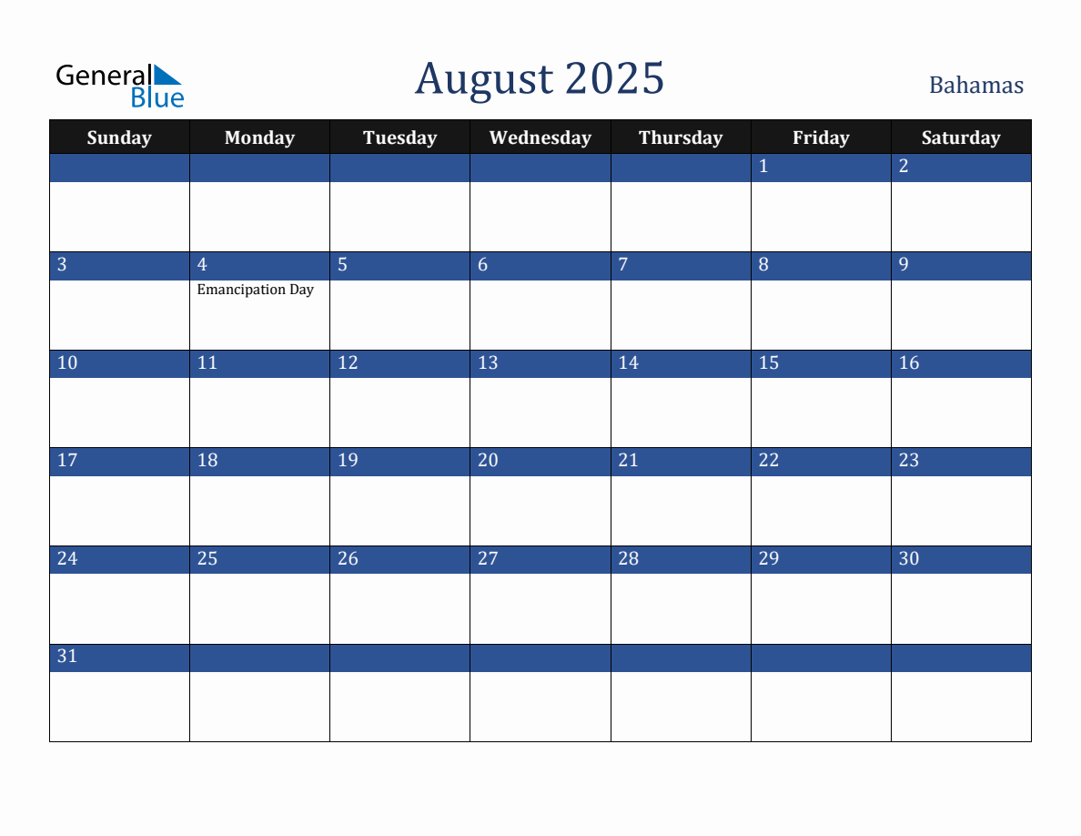 August 2025 Bahamas Holiday Calendar