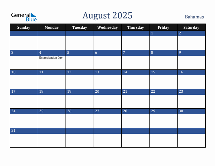 August 2025 Bahamas Calendar (Sunday Start)