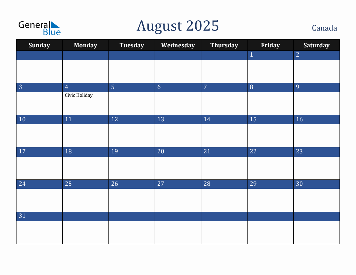 August 2025 Canada Holiday Calendar