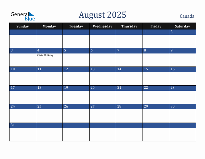 August 2025 Canada Calendar (Sunday Start)