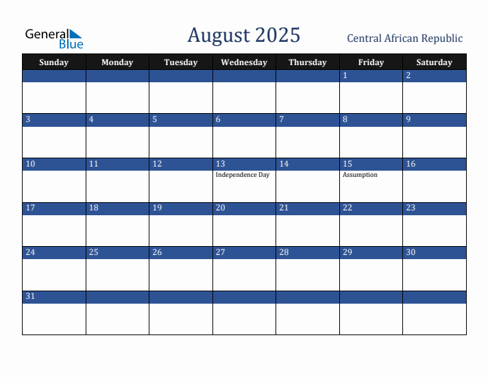 August 2025 Monthly Calendar with Central African Republic Holidays
