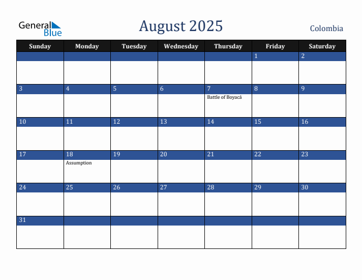 August 2025 Colombia Calendar (Sunday Start)