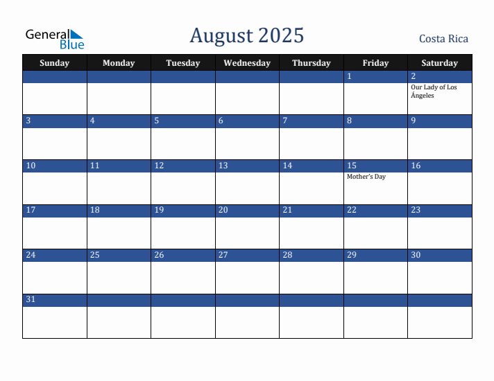 August 2025 Costa Rica Calendar (Sunday Start)