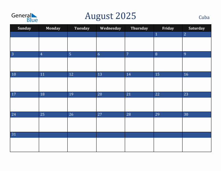 August 2025 Cuba Calendar (Sunday Start)