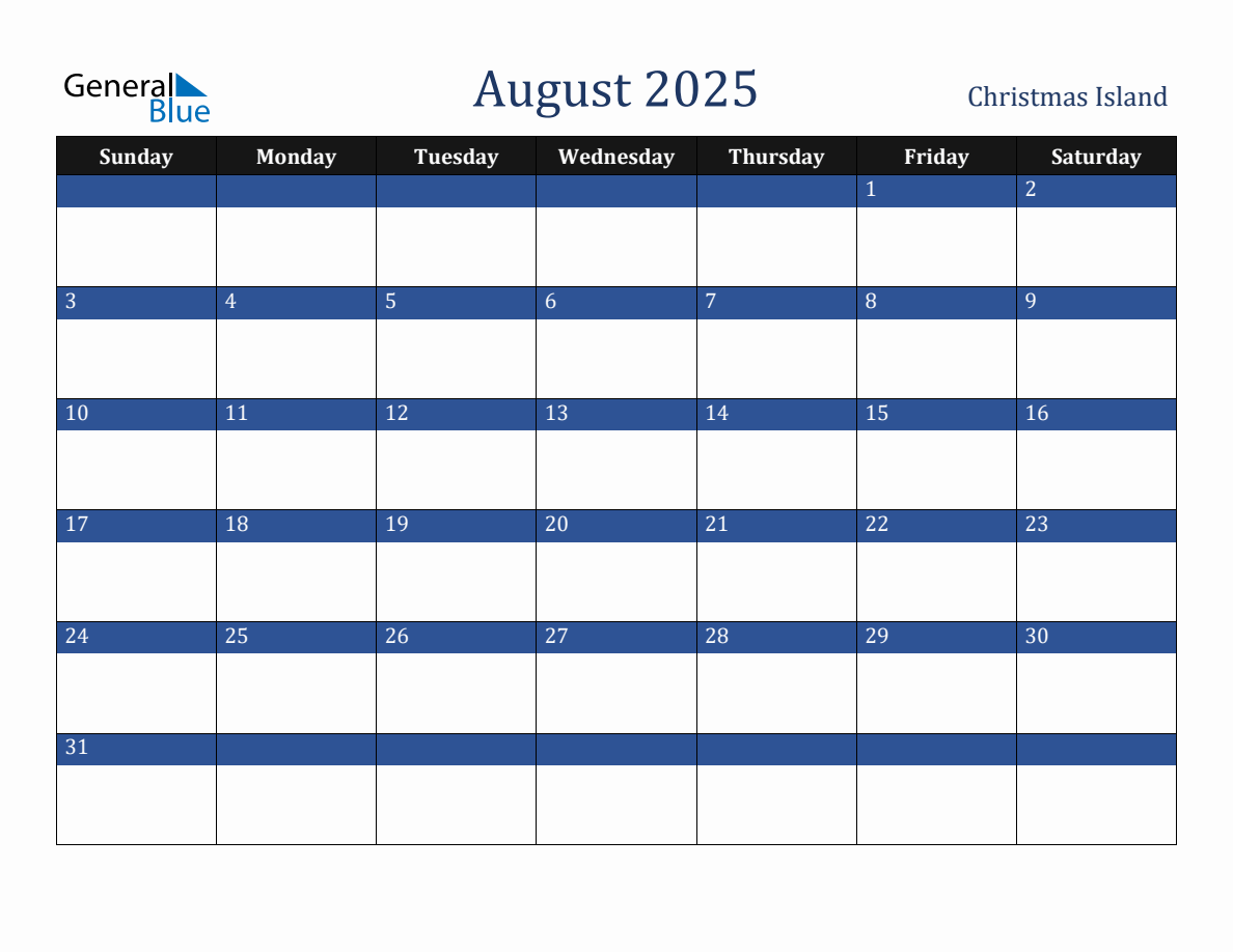 August 2025 Christmas Island Holiday Calendar