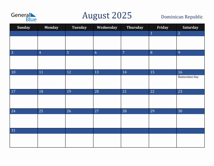 August 2025 Dominican Republic Calendar (Sunday Start)