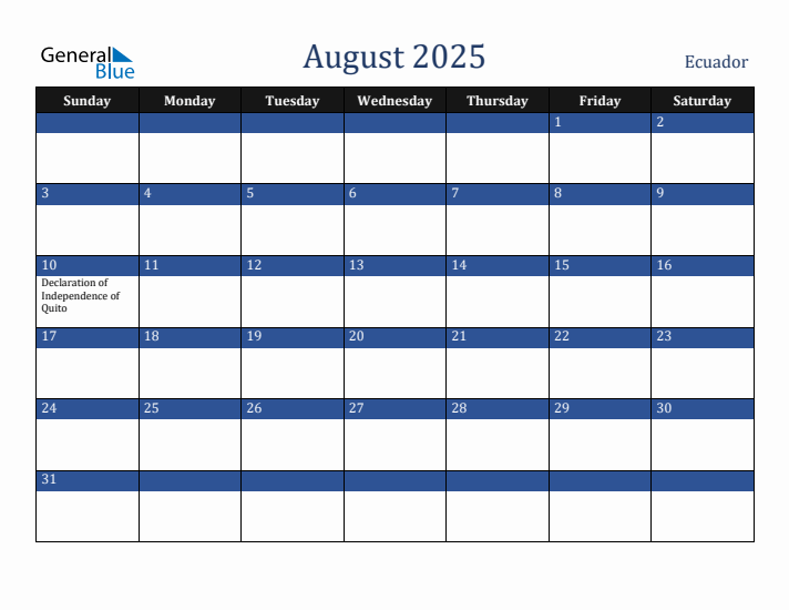 August 2025 Ecuador Calendar (Sunday Start)