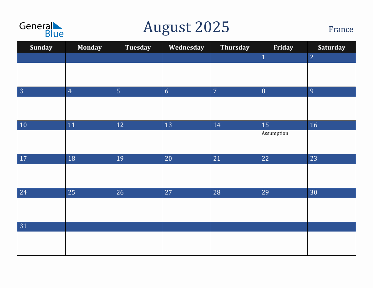 August 2025 France Holiday Calendar