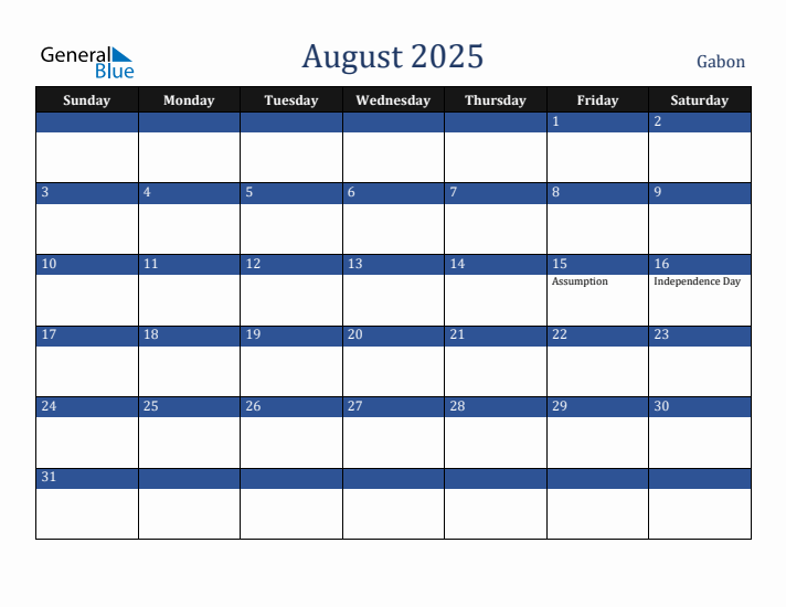 August 2025 Gabon Calendar (Sunday Start)