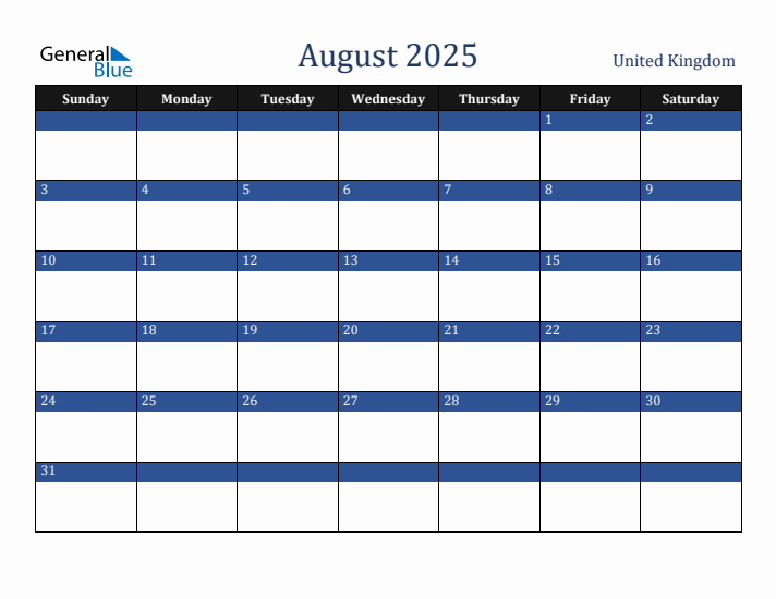 August 2025 Monthly Calendar with United Kingdom Holidays